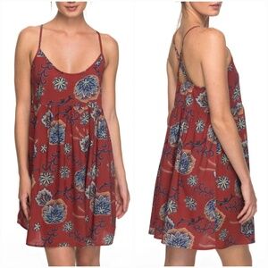 Roxy red floral mini dress with adjustable straps and side zipper, size S